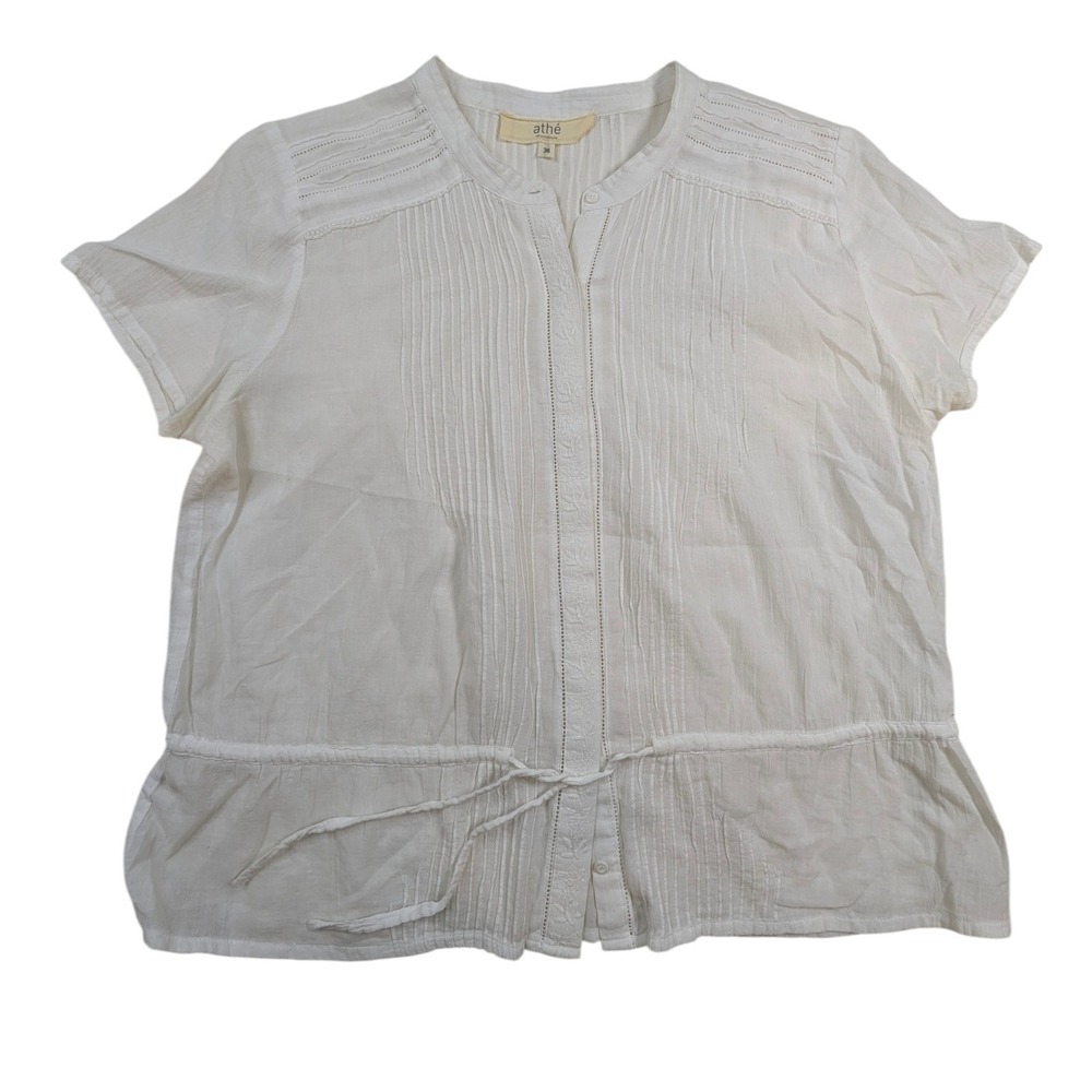 Athe‎ Vanessa Bruno Pintuck Cotton Blouse – Women's 36 White Tie Waist